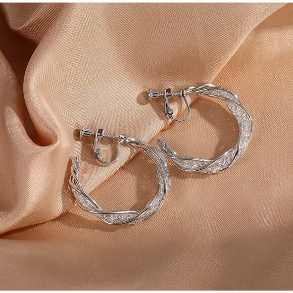 Clip on 1 1/2" silver or gold mesh open back hoop earrings - Picture 2 of 4